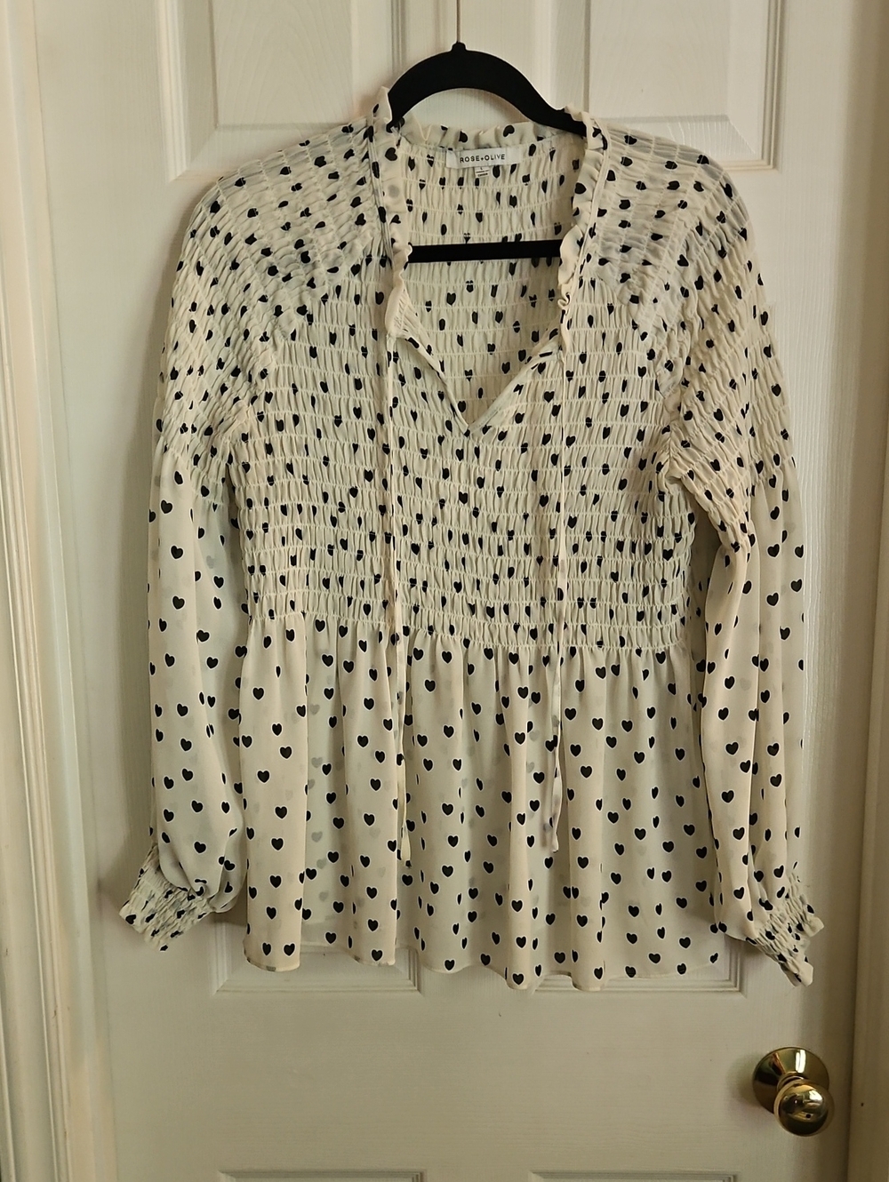 Rose & Olive Ivory/cream Blouse with Black Heart Print Babydoll Lg